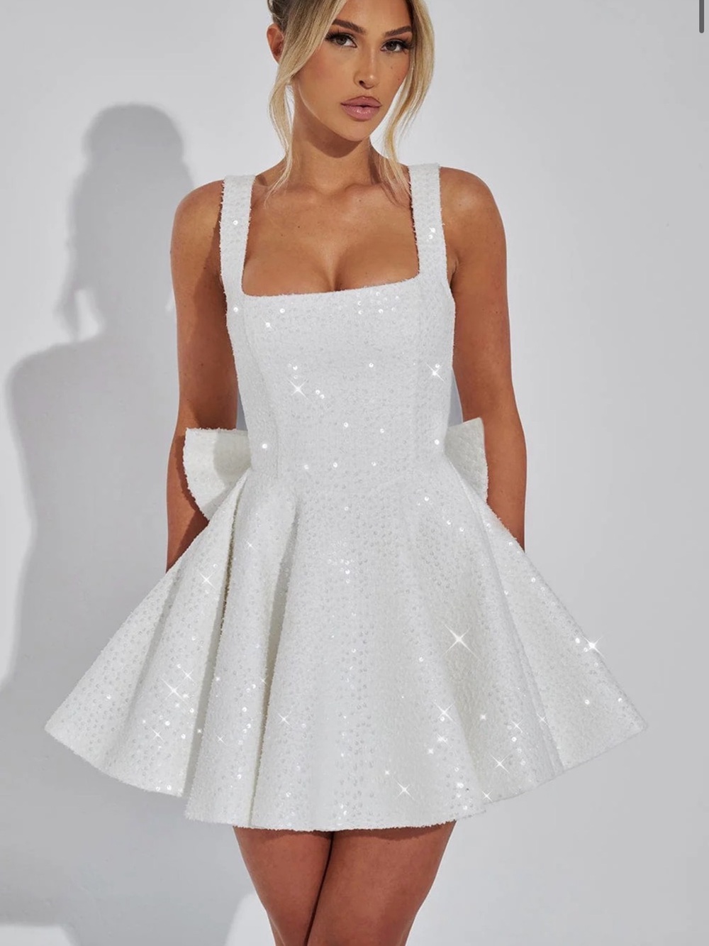 Sparkling White Sequin Mini Dress with Square Neckline